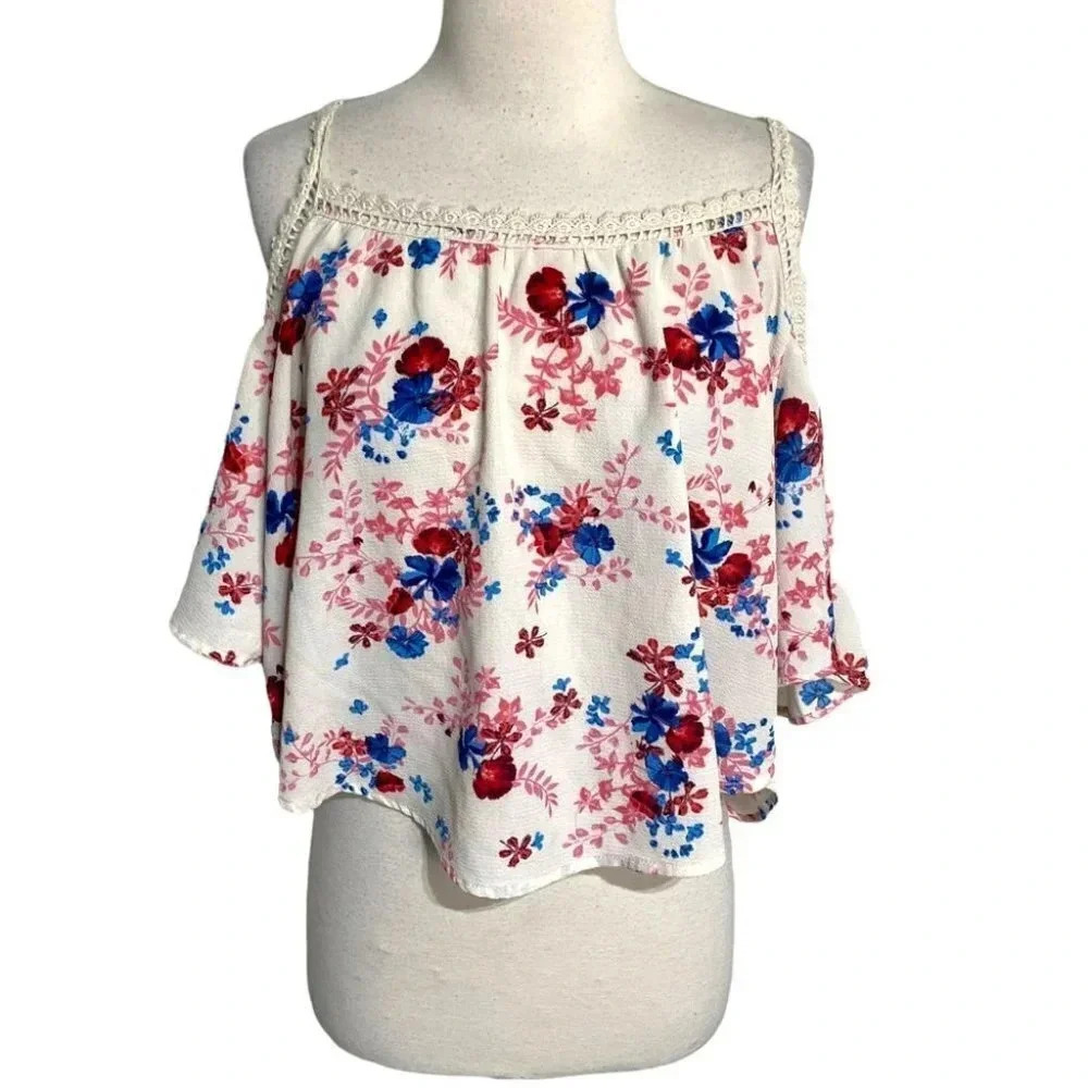 Love J Cold Shoulder Top Large Cream Floral Crochet Trim TA16252‎ Boho Flutter